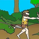To figurer kledd som steinalderfolk, der den ene rir på et grønt dinosaur-lignende dyr og den andre går med en slynge, i en skog