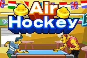 To personer spiller airhockey på et bord, omgitt av ulike nasjonalflagg, med teksten Air Hockey i bakgrunnen