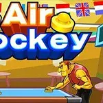 To personer spiller airhockey på et bord, omgitt av ulike nasjonalflagg, med teksten Air Hockey i bakgrunnen