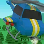 Blå helikopter med gule striper flyr over en skog