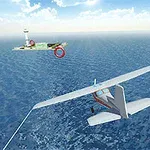 Et lite fly svever over et stort hav med en øy med et fyrtårn i horisonten