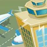 To fly på bakken ved siden av en flykontrolltårn med blå og hvite detaljer