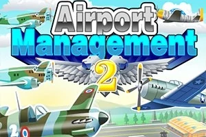 Illustrasjon av flere fly med teksten Airport Management 2 i bakgrunnen