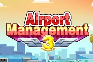 Tegnet illustrasjon med teksten Airport Management 3 med vinger og en bysilhuett i bakgrunnen