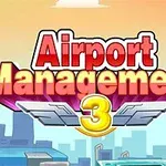 Tegnet illustrasjon med teksten Airport Management 3 med vinger og en bysilhuett i bakgrunnen