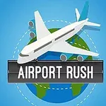 Illustrasjon av et fly som flyr over en klode, med teksten Airport Rush overlagt