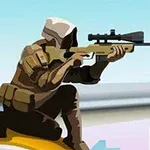En illustrasjon av en person i militærklær som sitter på et hustak og sikter med en snikskytterrifle