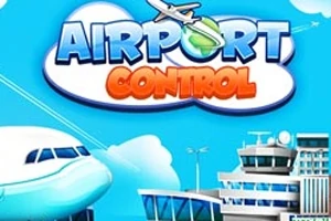Tegnet illustrasjon av en flyplass med et stort fly, en kontrolltårn og teksten Airport Control i skyene