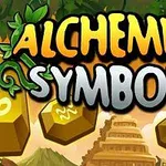 Fargerik illustrasjon med teksten Alchemist Symbols omgitt av grønne blader og symbolske steiner