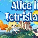 Tegneserieaktig scene med en blond jente og en hvit kanin foran et slott og svevende blokker
