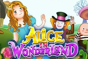 En tegneserieillustrasjon med en jente med krøllete hår i blå kjole og en person med hatt, omgitt av sopp og en tekst med teksten Alice in Wonderland