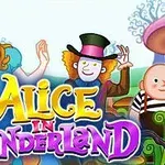 En tegneserieillustrasjon med en jente med krøllete hår i blå kjole og en person med hatt, omgitt av sopp og en tekst med teksten Alice in Wonderland