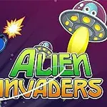 En astronaut i blå drakt skyter mot flygende tallerkener med romvesener, med teksten Alien Invaders i forgrunnen
