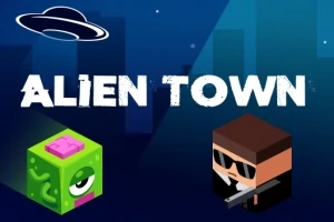 UFO over Alien Town-tekst med karakterer, en grønn romvesen og en figur med solbriller og våpen