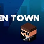 UFO over Alien Town-tekst med karakterer, en grønn romvesen og en figur med solbriller og våpen