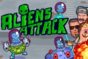 Romvesener i romskip angriper sammen med titlen Aliens Attack i grønn tekst, mens mennesker med våpen reagerer i forgrunnen
