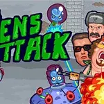 Romvesener i romskip angriper sammen med titlen Aliens Attack i grønn tekst, mens mennesker med våpen reagerer i forgrunnen