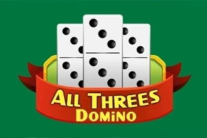 Domino-brikker stablet med teksten All Threes Domino på et rødt bånd foran en grønn bakgrunn