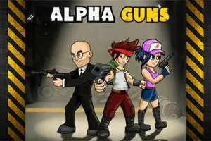 Tre figurer står med våpen i hendene foran en mørk bakgrunn, med teksten Alpha Guns over dem