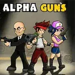Tre figurer står med våpen i hendene foran en mørk bakgrunn, med teksten Alpha Guns over dem
