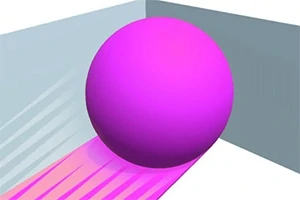 En stor, lilla kule med en gradient av rosa skygger som kaster et fargespill mot en grå bakgrunn i et hjørne