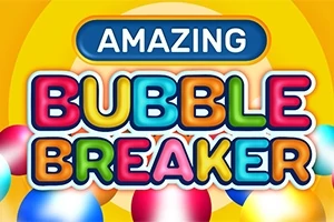 Fargerik tekst med ordene Amazing Bubble Breaker mot en gul bakgrunn med fargerike bobler nederst