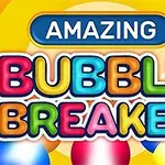Fargerik tekst med ordene Amazing Bubble Breaker mot en gul bakgrunn med fargerike bobler nederst
