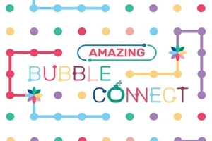 Fargerike prikker og linjer med teksten Amazing Bubble Connect i sentrum