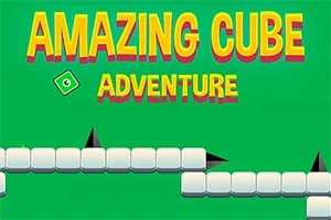 Tekst på grønn bakgrunn med ordene Amazing Cube Adventure og hvite kuber med svarte pigger