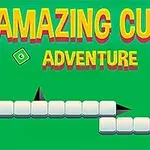 Tekst på grønn bakgrunn med ordene Amazing Cube Adventure og hvite kuber med svarte pigger