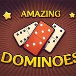 Domino-brikker med stjerner og teksten Amazing Dominoes på en brun bakgrunn