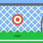 En illustrasjon av et fotballmål med et rødt målskive i midten, stående på en grønn bane