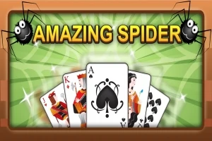 Kortspill-oppsett med tekst Amazing Spider og to tegneseriespindler, med et utvalg av spillkort inkludert ess og knekter