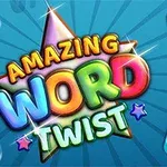 Fargerik tekst Amazing Word Twist omgitt av bokstavblokker på blå bakgrunn