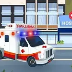 En ambulanse med blå og røde lys kjører foran et sykehus