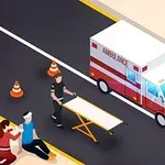 Ambulanse ved siden av en vei med en båre og en person som hjelper en skadet person
