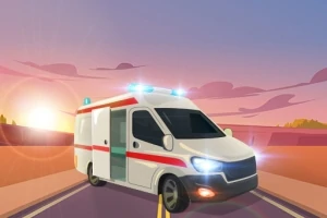 Ambulanse med blålys på i en tegnet solnedgangsscene på en landevei