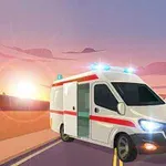 Ambulanse med blålys på i en tegnet solnedgangsscene på en landevei