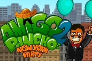En tegneseriefigur med ballonger og bart står foran en bybakgrunn, sammen med teksten Amigo Pancho 2 New York Party