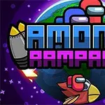 Tegneseriefigurer i romdrakter med raketter og fugl med en planet i bakgrunnen, teksten AMONG RAMPAGE i sentrum
