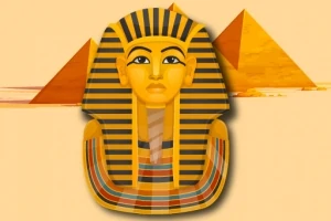 En illustrasjon av en ikonisk egyptisk farao-maske med pyramider i bakgrunnen