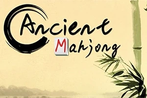 Teksten Ancient Mahjong med en bambusplante og et minimalistisk bakgrunnsdesign