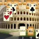 Spillkort lagt over et bilde av Colosseum i Roma