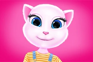 En hvit animerte katt med store blå øyne og rosa ører mot en rosa bakgrunn