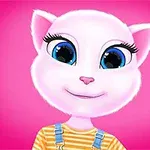 En hvit animerte katt med store blå øyne og rosa ører mot en rosa bakgrunn