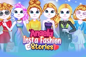 Fargerik illustrasjon av seks stilige figurer med ulike antrekk og frisyrer, mot en bakgrunn med lysdekorasjon og teksten Angela Insta Fashion Stories