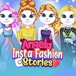 Fargerik illustrasjon av seks stilige figurer med ulike antrekk og frisyrer, mot en bakgrunn med lysdekorasjon og teksten Angela Insta Fashion Stories