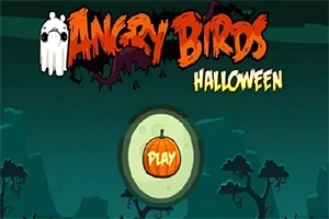 Logo med teksten Angry Birds Halloween og en spilleknapp som er en oransje gresskar, mot en mørk bakgrunn med spøkelsesaktige trær