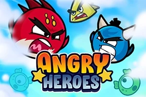 Tre tegneseriefigurer med sinte ansiktsuttrykk i rødt, blått og gult, med teksten Angry Heroes i midten