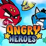 Tre tegneseriefigurer med sinte ansiktsuttrykk i rødt, blått og gult, med teksten Angry Heroes i midten
